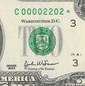 Binary Low Serial Number Star Note Two Dollar Bill C00002202* 2s 0s Philadelphia