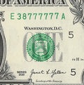 Six in a Row 7s Fancy Serial Number One Dollar Bill EA Block 2021 $1 Trailing