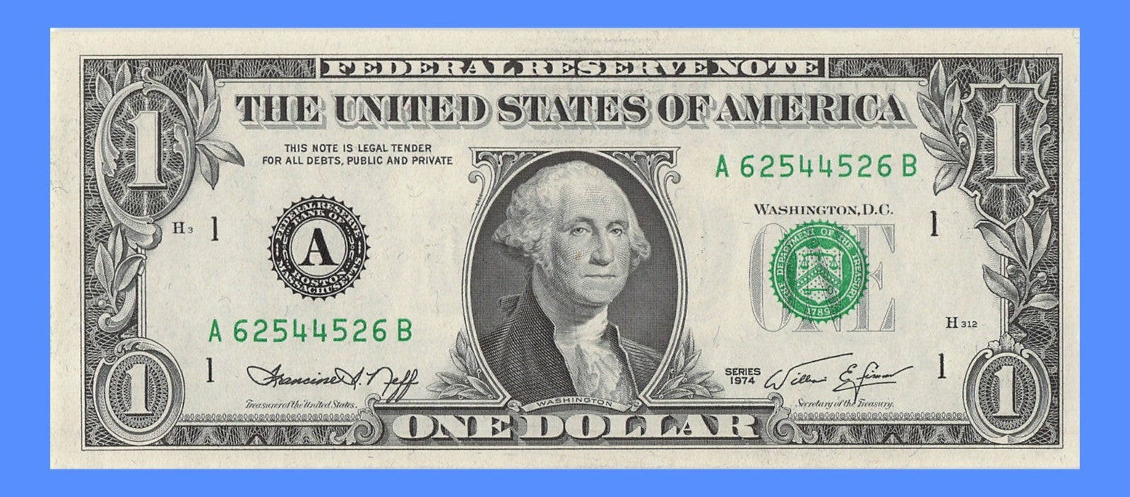 Radar Fancy Serial Number One Dollar Bill 1974 Boston 2s 4s 5s 6s AB