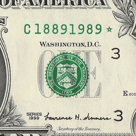 Century Star Note One Dollar Bill 1999 $1 C* Block Philadelphia Date 1889 1989