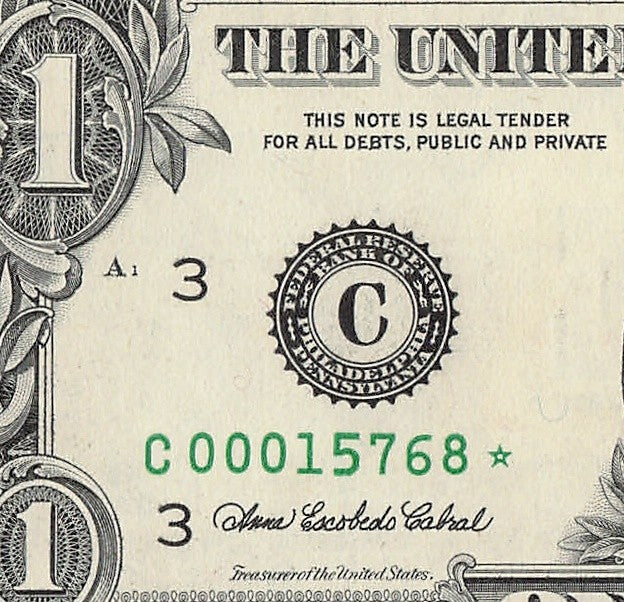 Star Note One Dollar Bill 2003A $1 C* Block Philadelphia Run 1 Low Serial Number