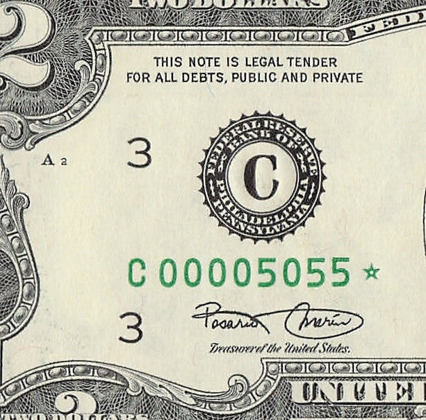 Binary Low Serial Number Star Note Two Dollar Bill C00005055* 5s 0s Philadelphia