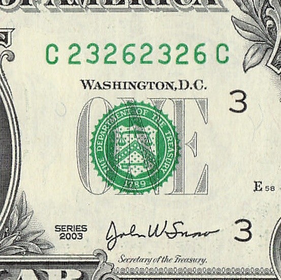 Repeater Fancy Serial Number One Dollar Bill 2s 3s 6s 2003 CC Block