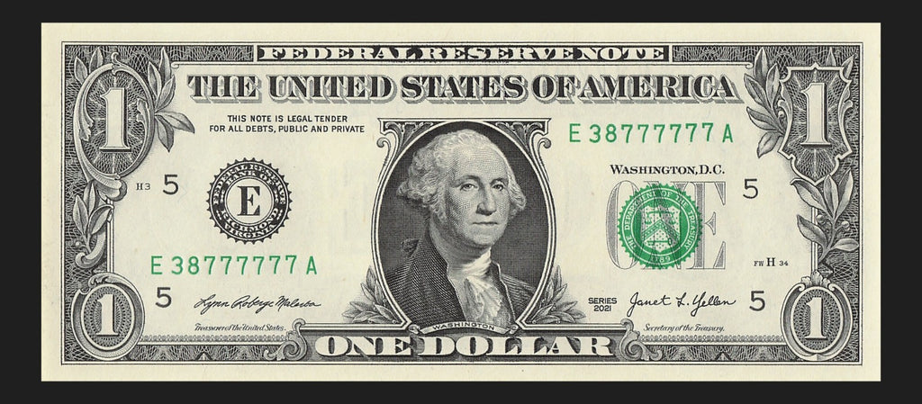 Six in a Row 7s Fancy Serial Number One Dollar Bill EA Block 2021 $1 Trailing