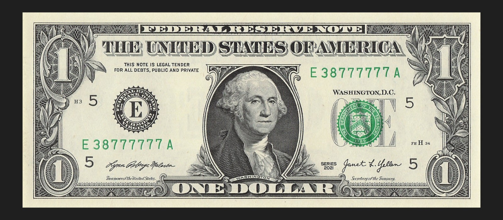 Six in a Row 7s Fancy Serial Number One Dollar Bill EA Block 2021 $1 Trailing
