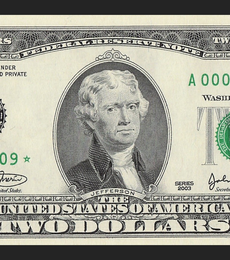 Binary Low Serial Number Star Note Two Dollar Bill A00009909* 9s 0s Boston
