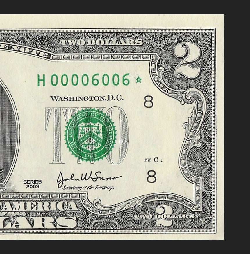 Binary Low Serial Number Star Note Two Dollar Bill H00006006* 6s 0s St Louis
