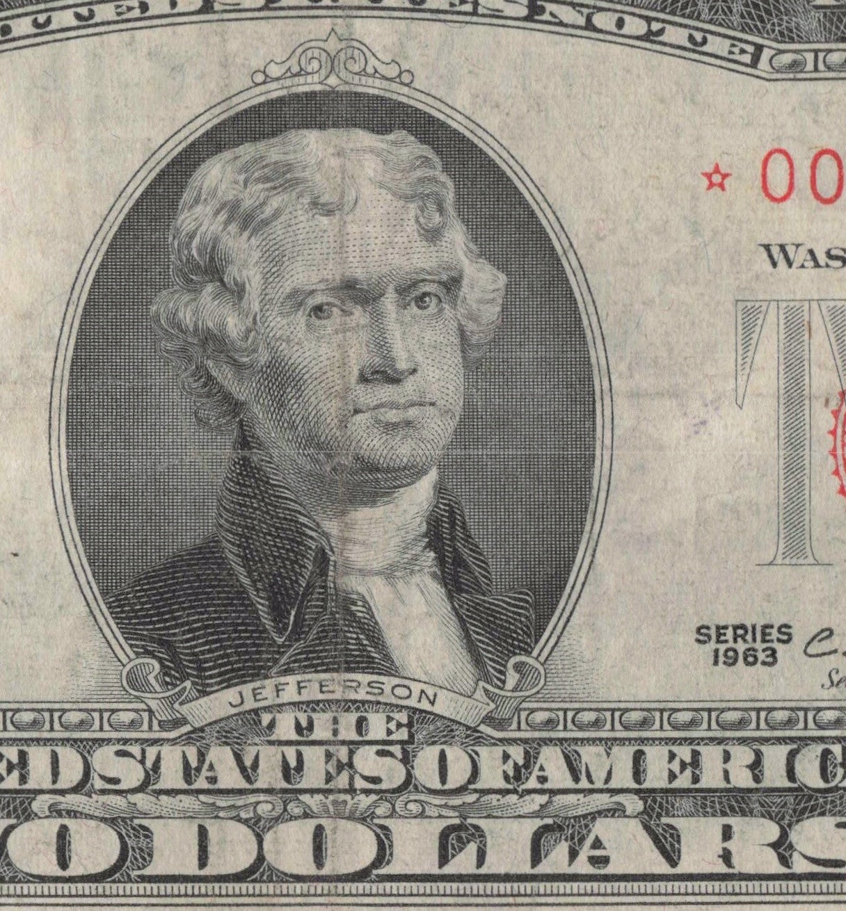 Binary 0s 5s Fancy Serial Number Two Dollar Red Seal Star Note Five in a Row 5s