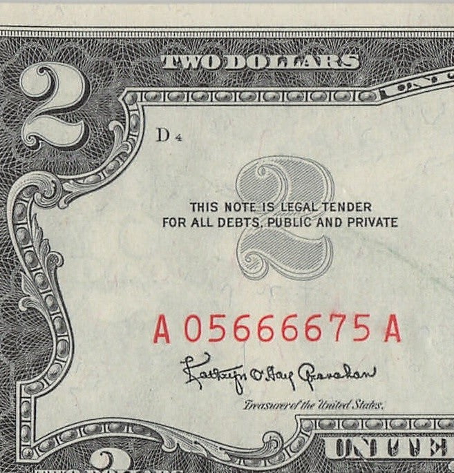 Four in a Row 6s Fancy Serial Number Two Dollar Red Seal 1953A $2 POS 3