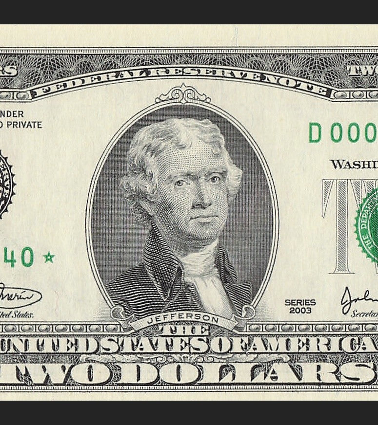 Binary Low Serial Number Star Note Two Dollar Bill D00004440* 4s 0s Cleveland