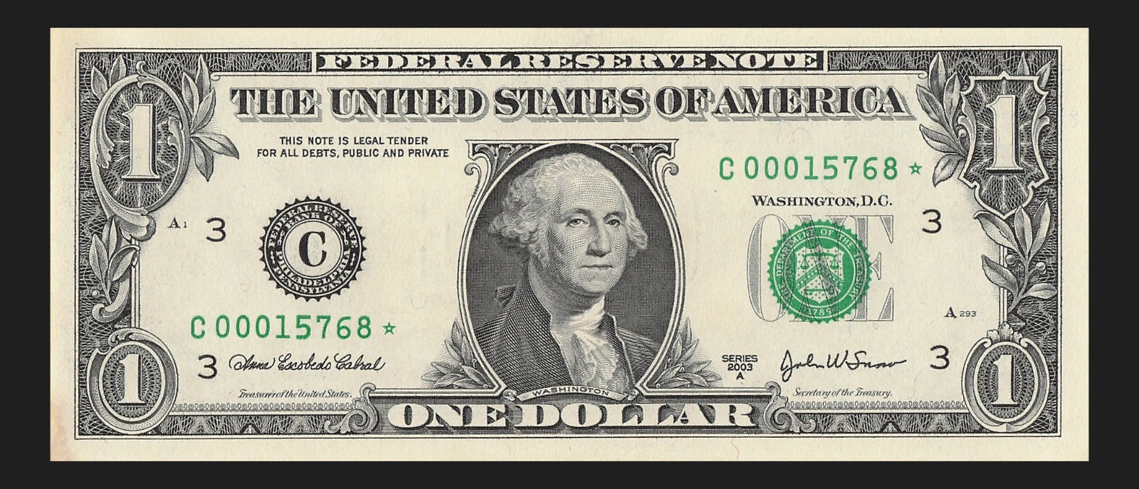 Star Note One Dollar Bill 2003A $1 C* Block Philadelphia Run 1 Low Serial Number