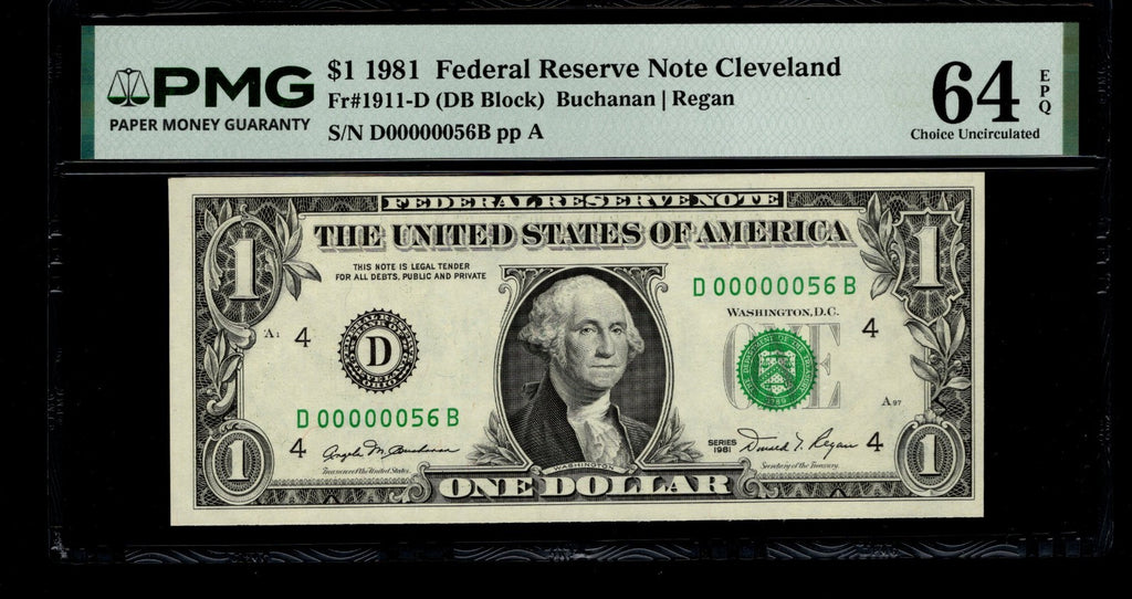Low Serial Number 56 Fancy Serial Number One Dollar Bill PMG D00000056B