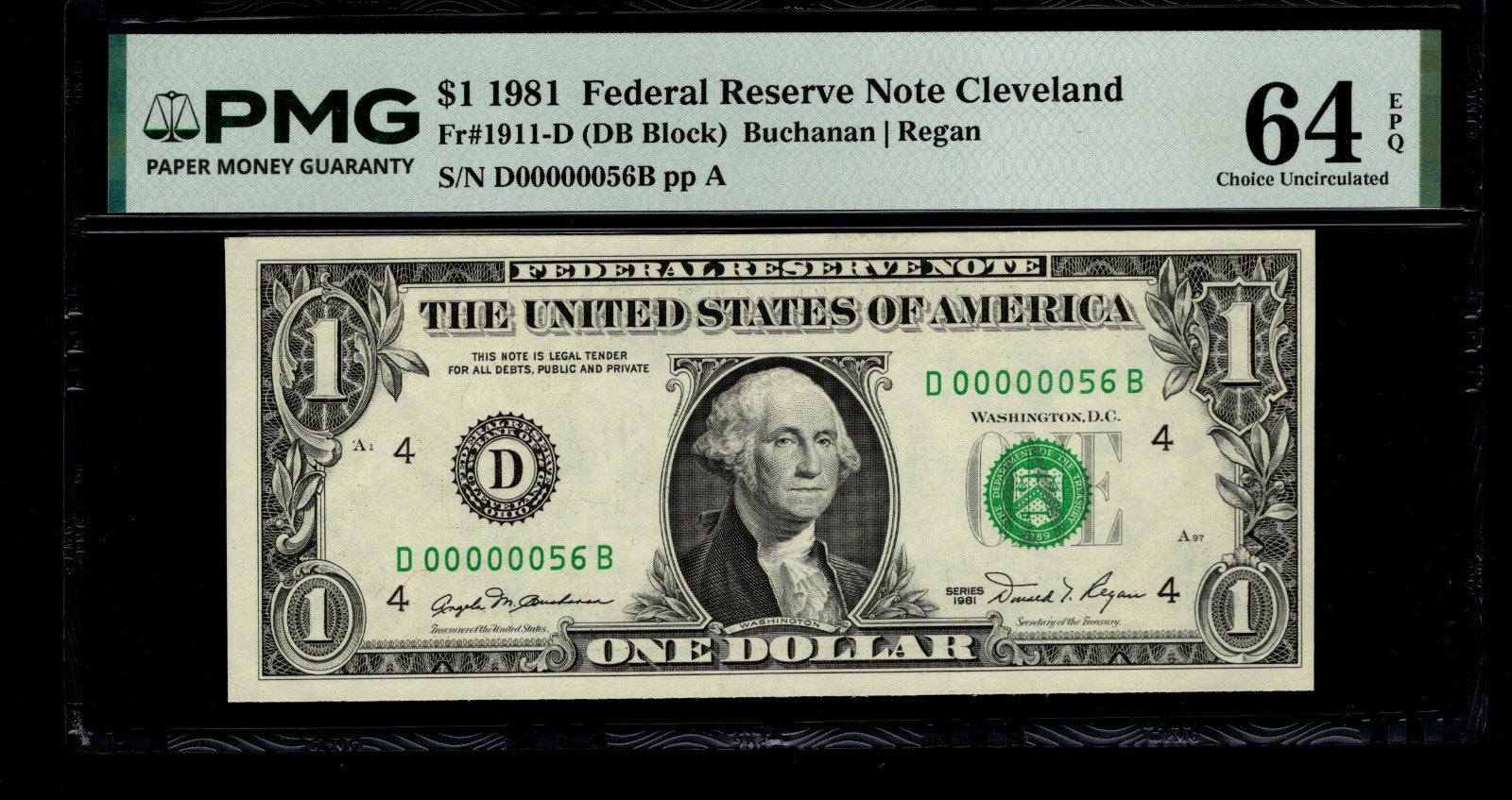 Low Serial Number 56 Fancy Serial Number One Dollar Bill PMG D00000056B