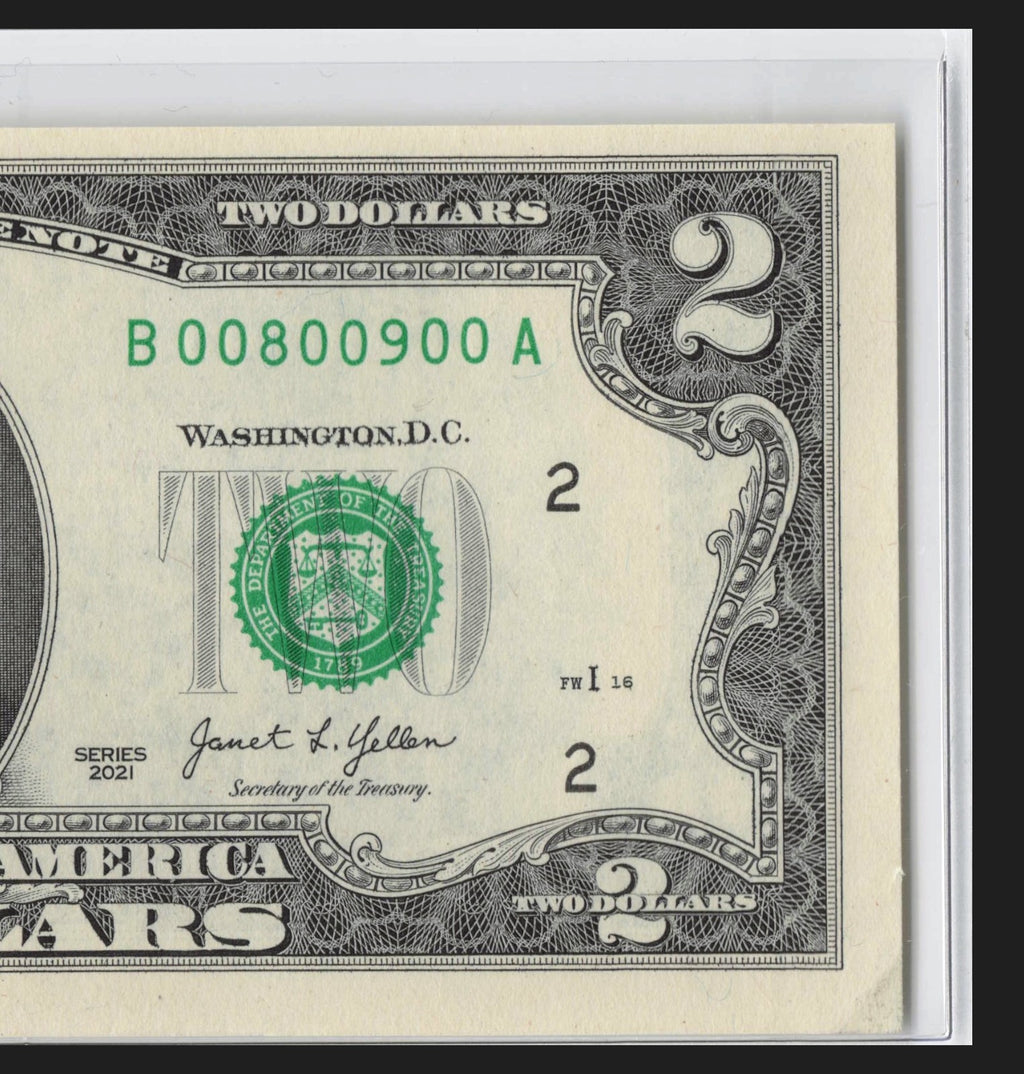 NEW 2021 $2 Flipper Fancy Serial Number Two Dollar Bill 0s 9s 8s Six of a kind