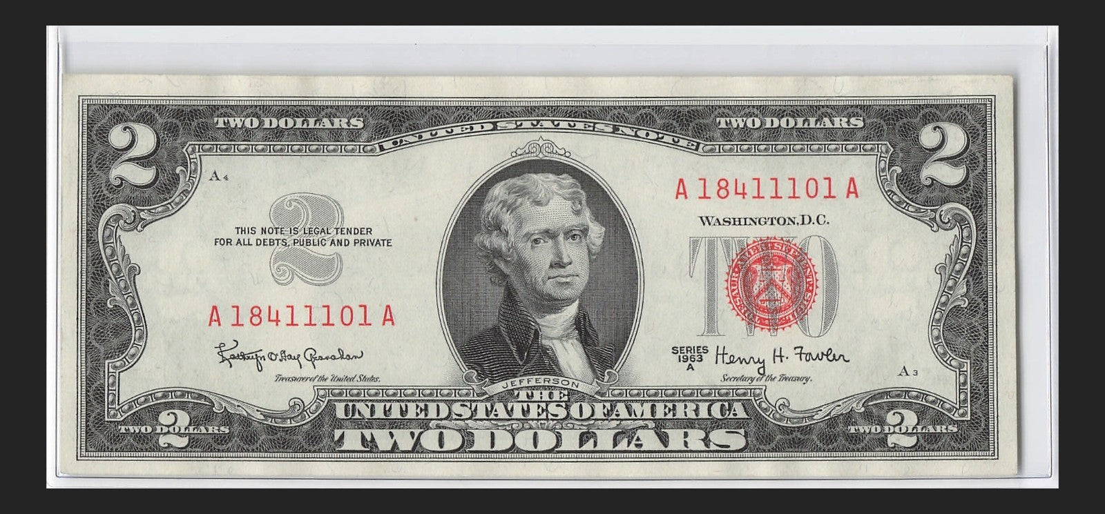 Five of a Kind 1s Fancy Serial Number Two Dollar Red Seal $2 1963A