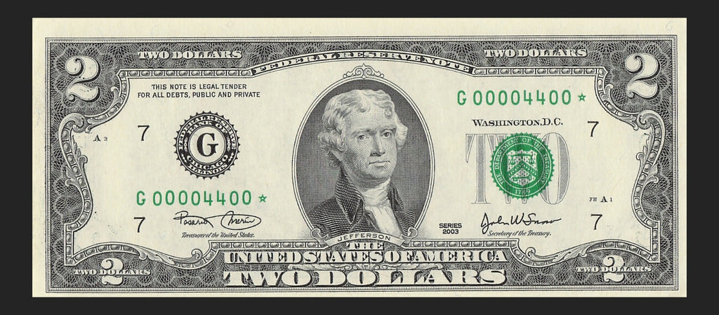 Binary Low Serial Number Star Note Two Dollar Bill G00004400* 4s 0s Chicago
