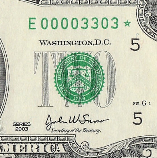 Binary Low Serial Number Star Note Two Dollar Bill E00003303* 3s 0s Richmond