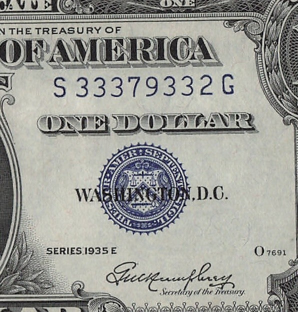 Five of a kind 3s Fancy Serial Number Silver Certificate 1935E $1 UNC