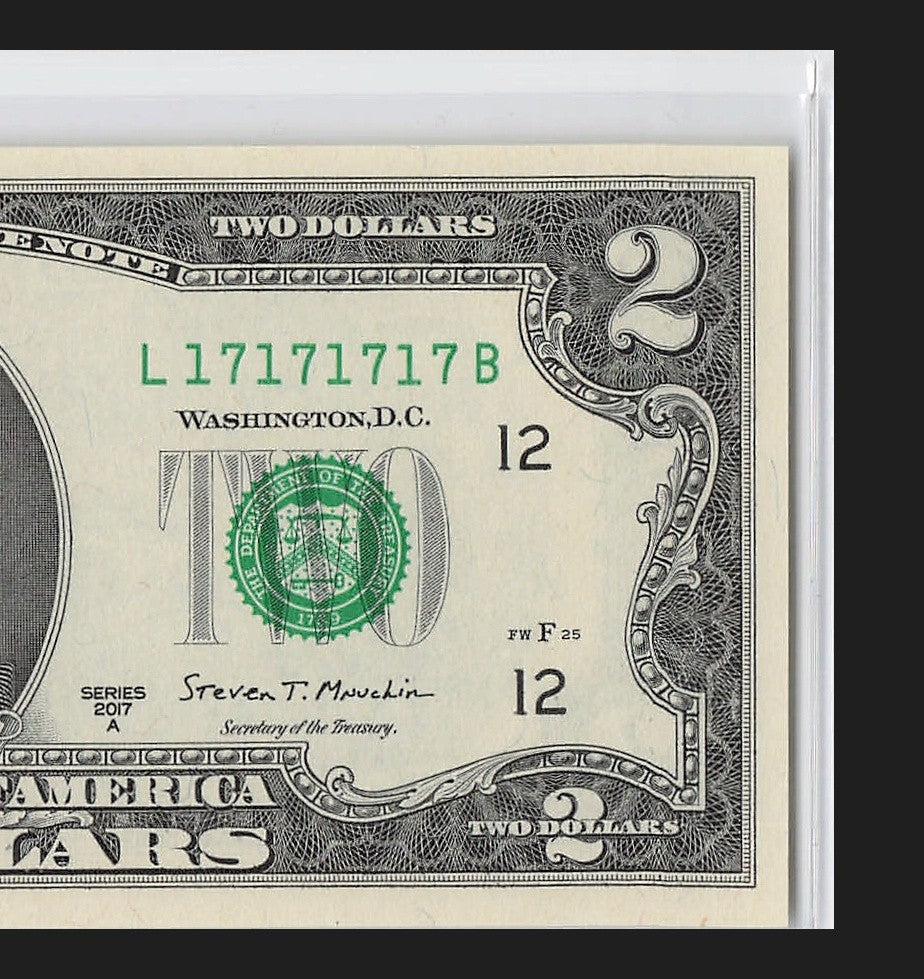 Super Repeater Two Dollar Bill Fancy Serial Number 2017A $2 Binary 1s 7s
