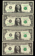 Repeater Serial Number Set One Dollar Bills 2009 $1 AA Block 4 Note UNC