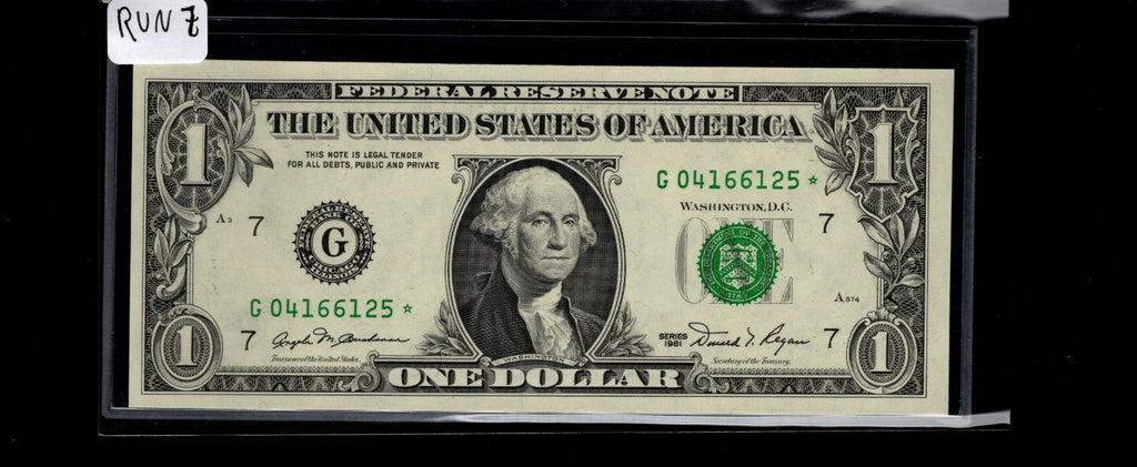 Star Note One Dollar Bill 1981 $1 G* Block Chicago Run 7 UNC