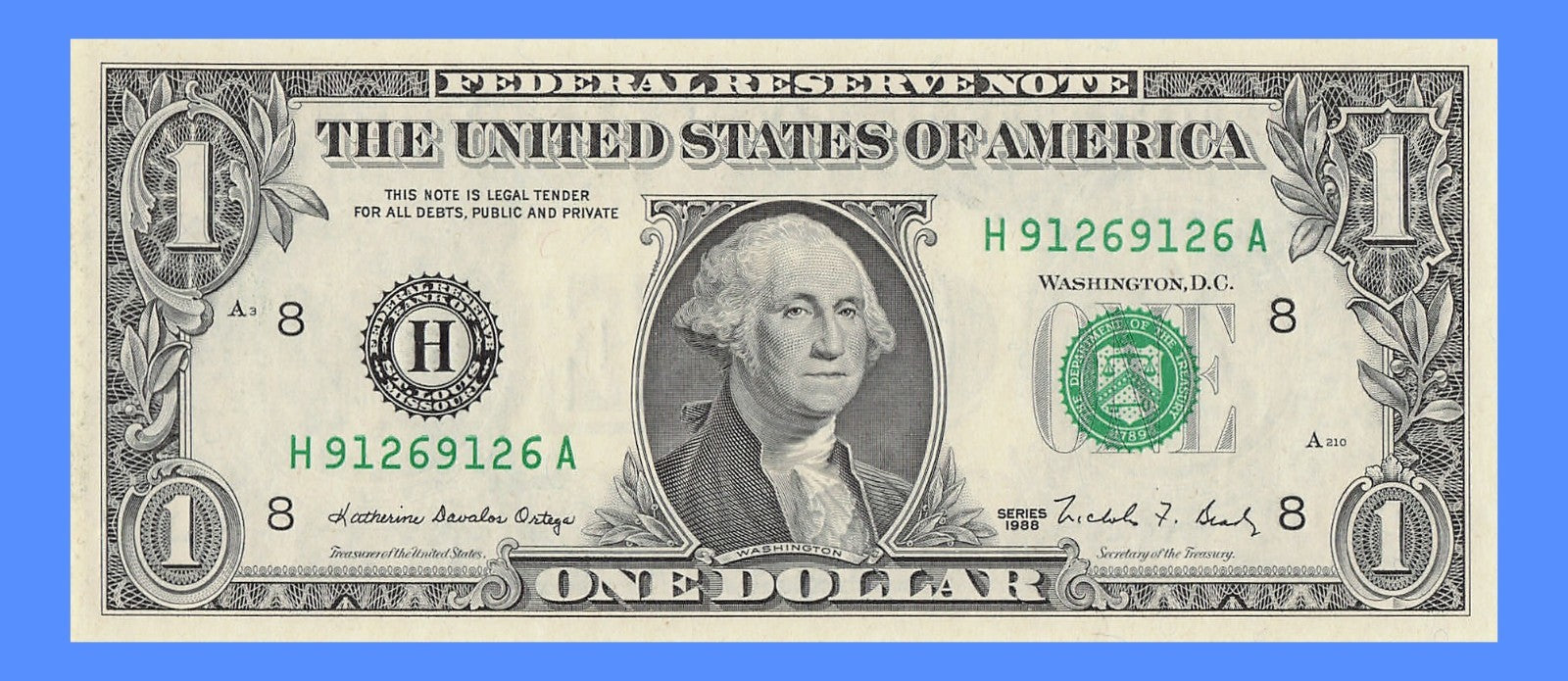 Repeater Fancy Serial Number One Dollar Bill 9s 1s 2s 6s 1988 HA Block