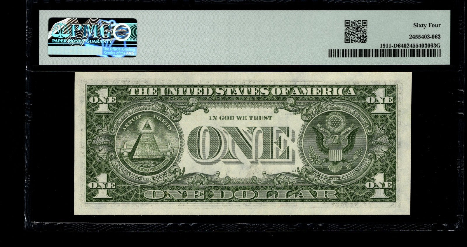 Low Serial Number 63 Fancy Serial Number One Dollar Bill PMG D00000063B