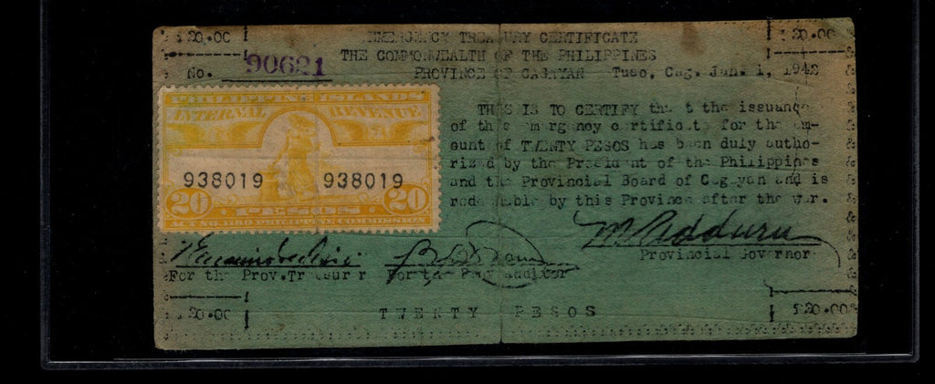 CAGAYAN Province Emergency Treasury Certificate 20 Pesos Internal Revenue Stamp