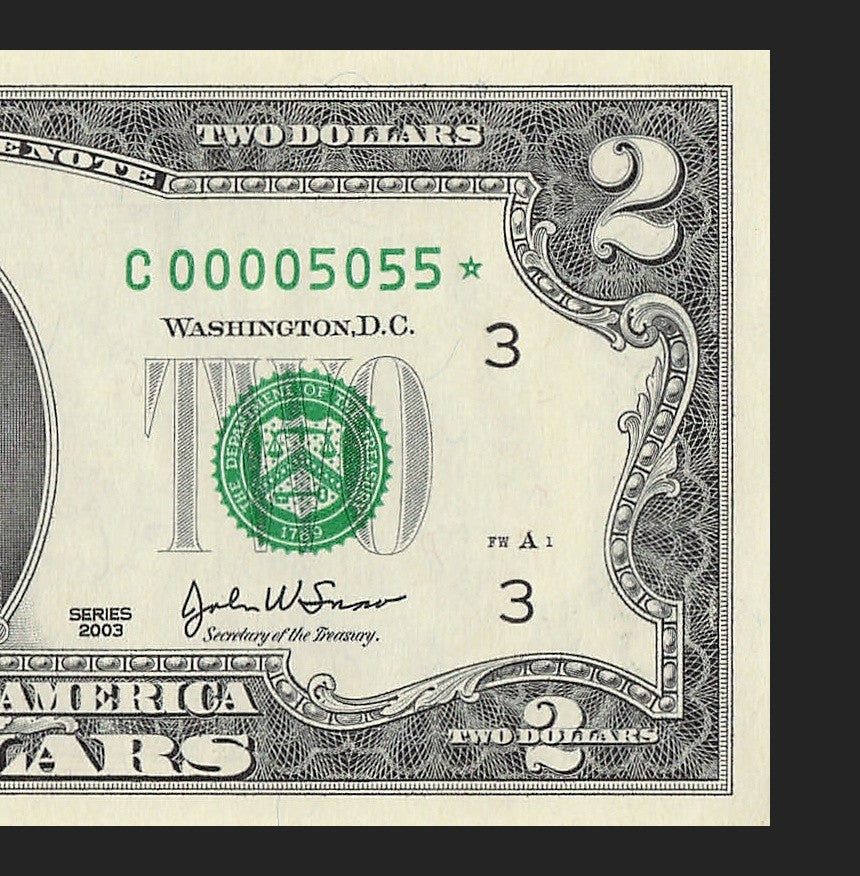 Binary Low Serial Number Star Note Two Dollar Bill C00005055* 5s 0s Philadelphia